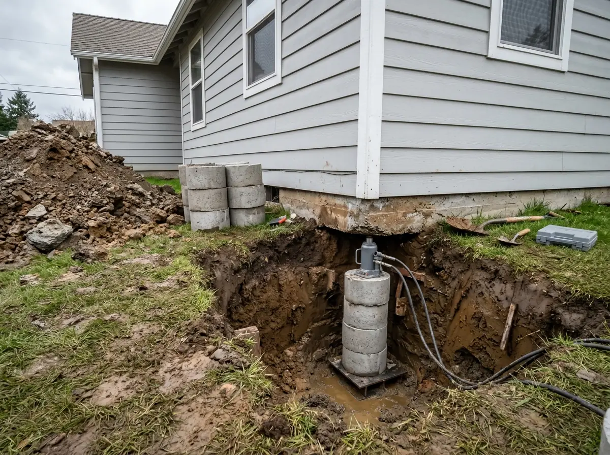 Stack of short precast concrete cylinders being pressed into a hole under a house footing with a hydraulic jack, clay soil spoil beside the pit