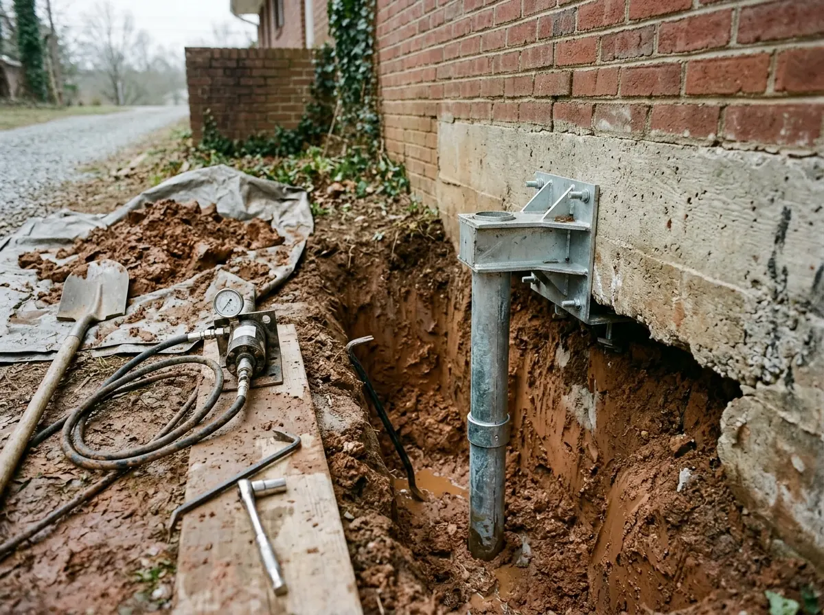 Narrow pit dug beside a concrete footing with a steel bracket bolted under its edge and a galvanized steel pipe pier rising out of the clay, a hydraulic drive cylinder beside it