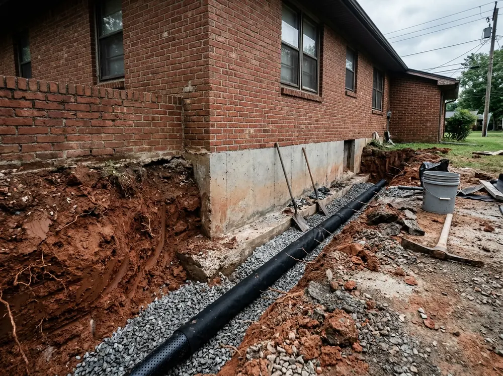 Deep trench dug along the outside of a basement wall down to the concrete footing, with gravel and wrapped perforated pipe laid beside the footing