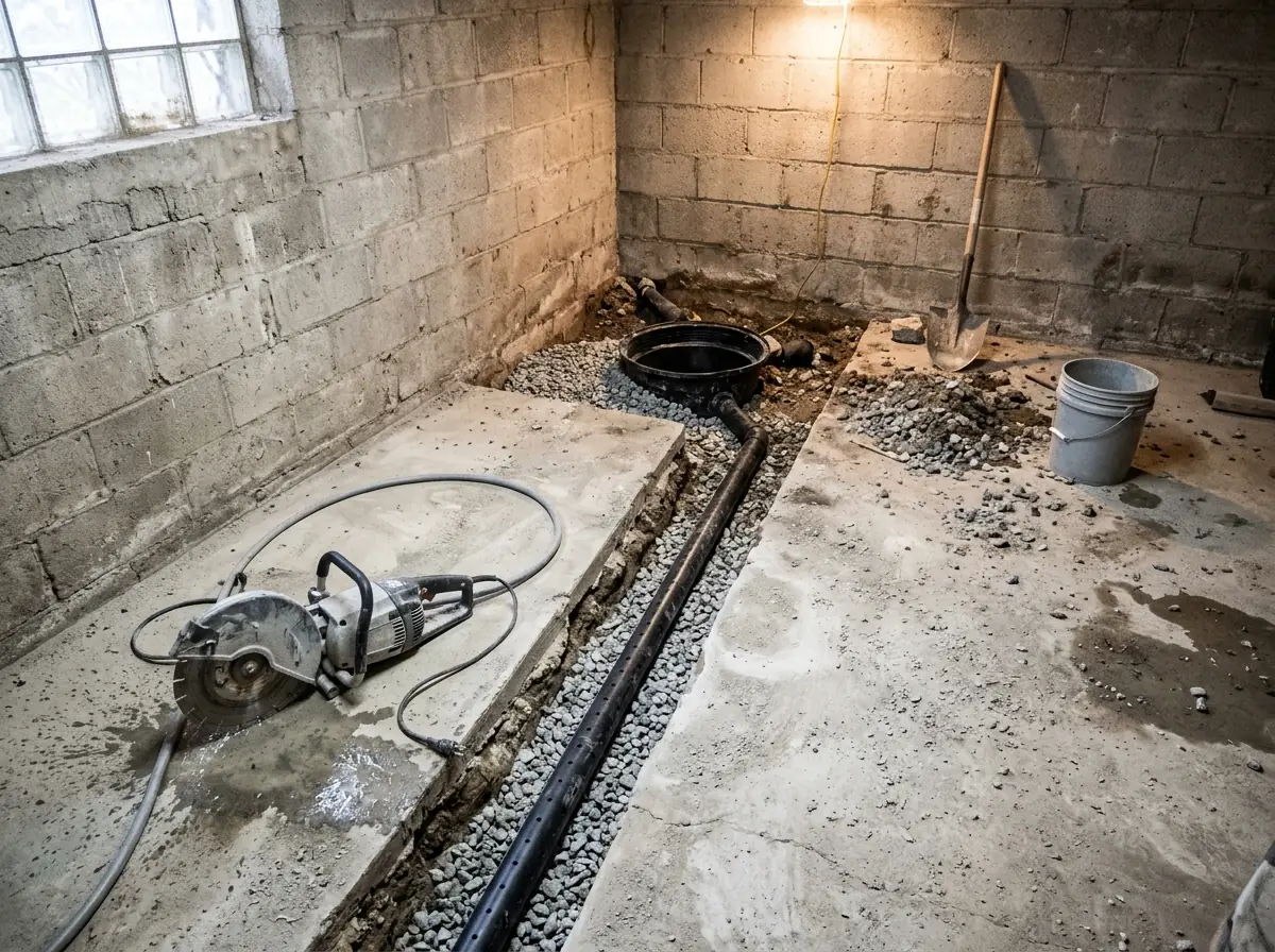 Basement floor cut open along a block wall, with a gravel-filled trench holding black perforated pipe that runs toward a corner sump basin