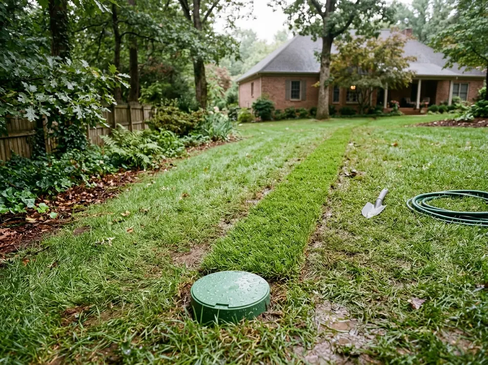 Round green pop-up drain outlet set in a sloped lawn at the low edge of a yard, with a buried pipe line visible as a strip of new sod
