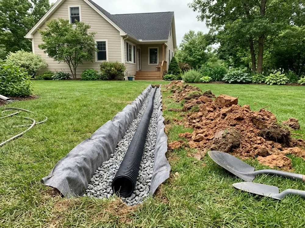 Narrow trench across a backyard lined with gray filter fabric, half filled with washed gravel around a black perforated pipe, with clay soil piled beside it