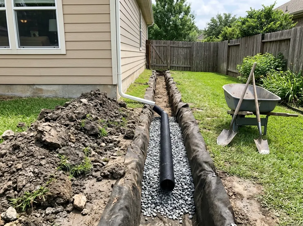 Backyard French drain trench lined with filter fabric, half filled with gravel and a black perforated pipe, with a downspout extension running into it