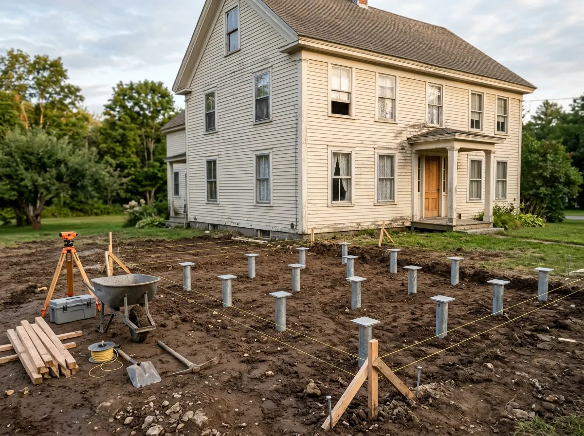 Rows of new helical pile shafts with flat steel caps standing in a cleared clay lot beside an older two-story house, marking out an addition footprint