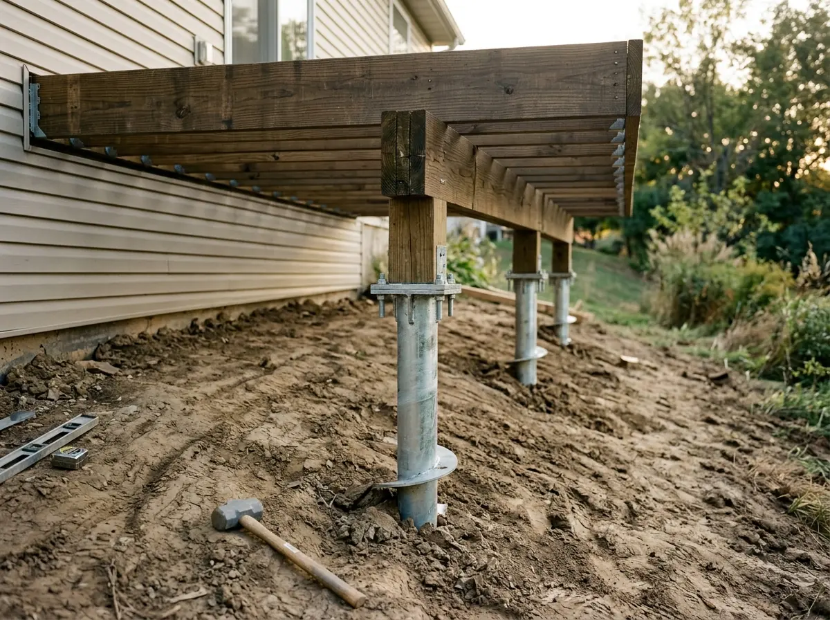 Small helical pile with a square steel cap set into sloped clay ground under the corner of a wooden deck frame beside a frame house