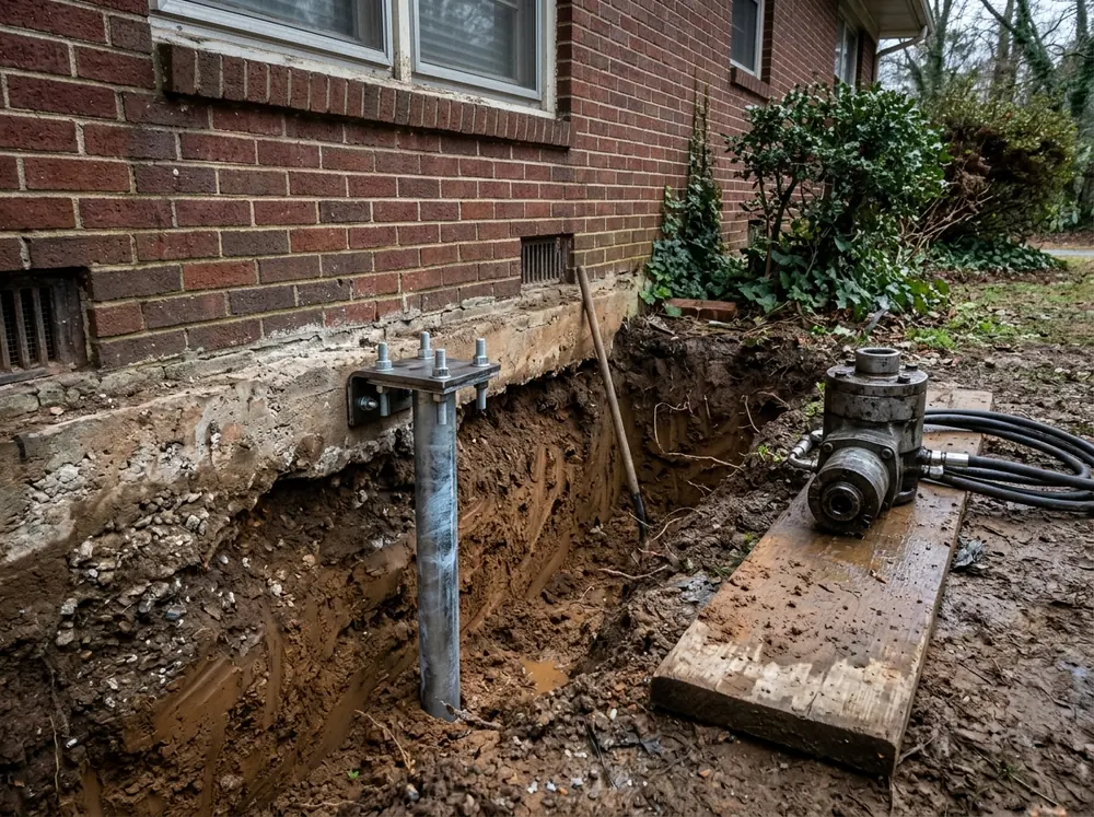 Narrow pit dug beside the concrete footing of a brick ranch house, with a galvanized helical pier shaft and a steel retrofit bracket bolted under the footing