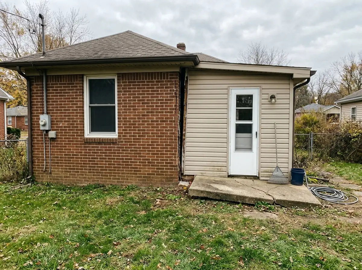 Rear addition on a brick house with a widening vertical gap where the addition's siding meets the original wall, and a porch slab tilted away from the back door
