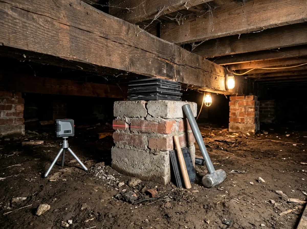 Crawl space under an older house with wood beams resting on short masonry piers, new steel shims driven between a beam and a pier cap, and a laser level on the ground