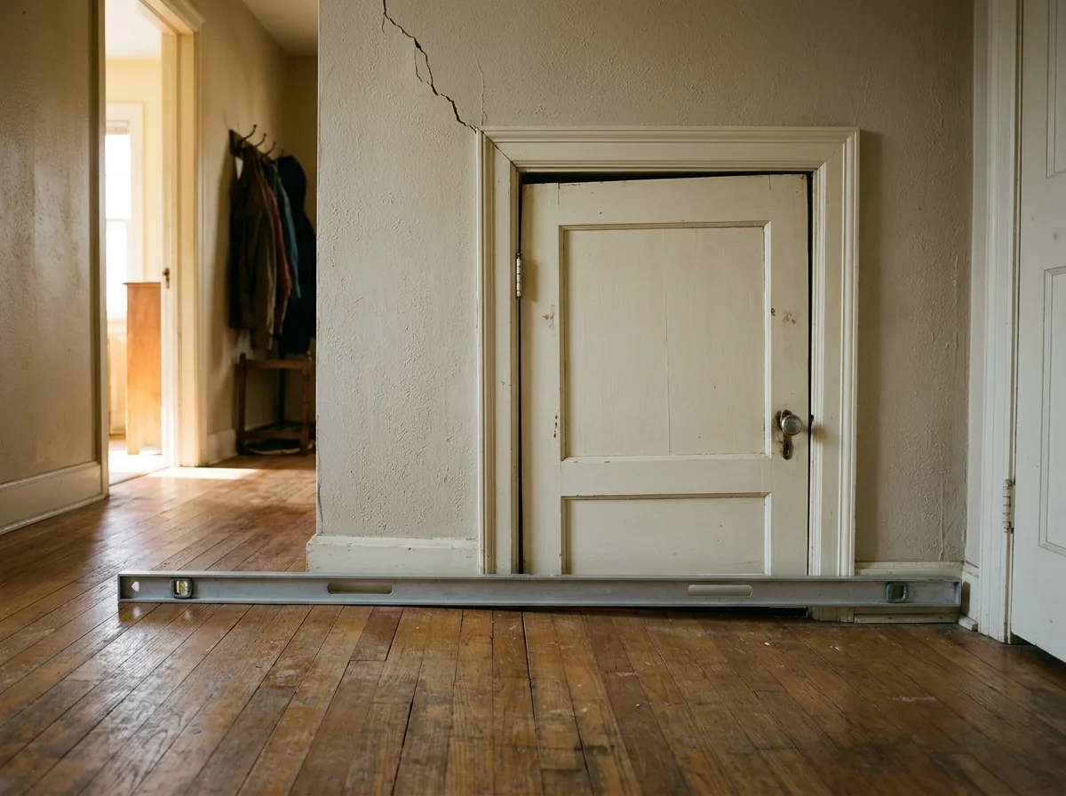 Hallway in an older house with a sloping oak floor, a long level showing a gap at one end and a diagonal drywall crack above an interior door