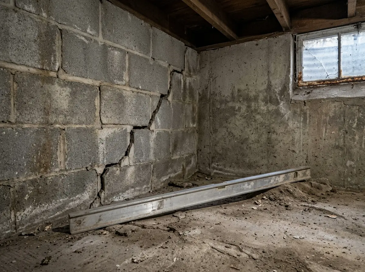 Basement corner of an older house where the block wall has dropped, with a diagonal crack running up from the corner and a long level on the floor showing the slope