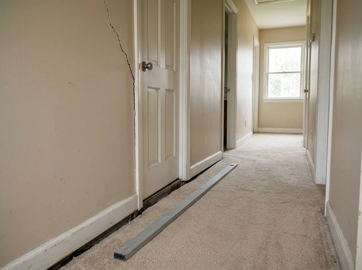 Single-story slab-on-grade ranch house where the floor at one end has dropped, showing a gap under the baseboard and a diagonal drywall crack running up from a door frame corner