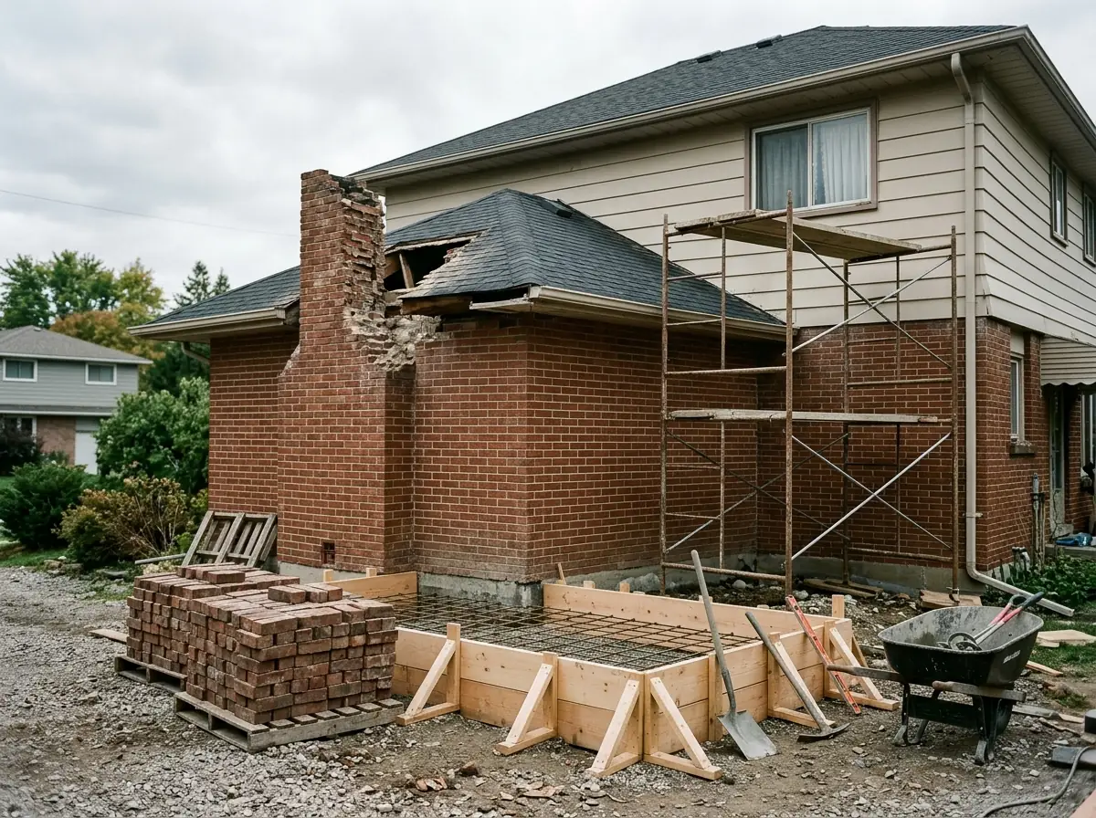 Brick chimney partly taken down to the roofline with stacked salvaged brick on pallets and a new concrete footing form at its base
