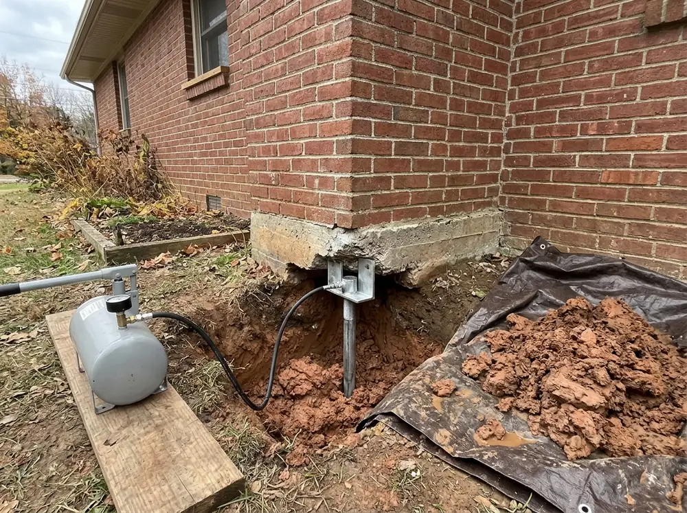 Small excavation at the outer corner of a brick chimney footing beside a ranch house, a steel pier and bracket set under the concrete footing edge, clay soil piled on a tarp