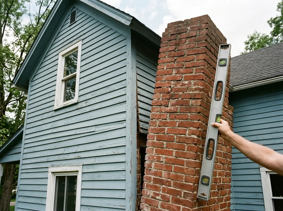 Exterior brick chimney on a two-story frame house with a tapering gap between the brick and the siding, wider at the top, a level held against the brick