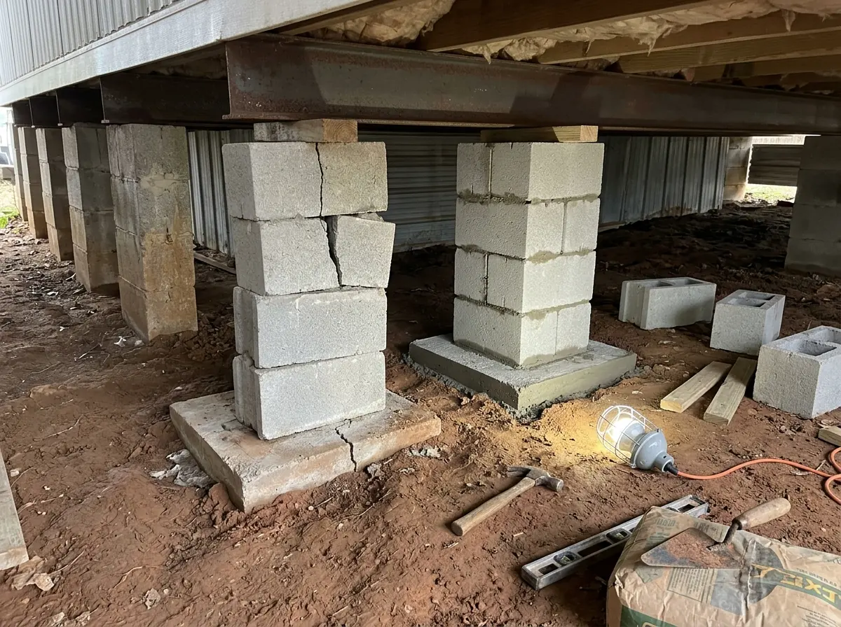 Row of concrete block piers under a manufactured home, one pier cracked and leaning on a sunken footing pad, a new double-stacked block pier being built beside it