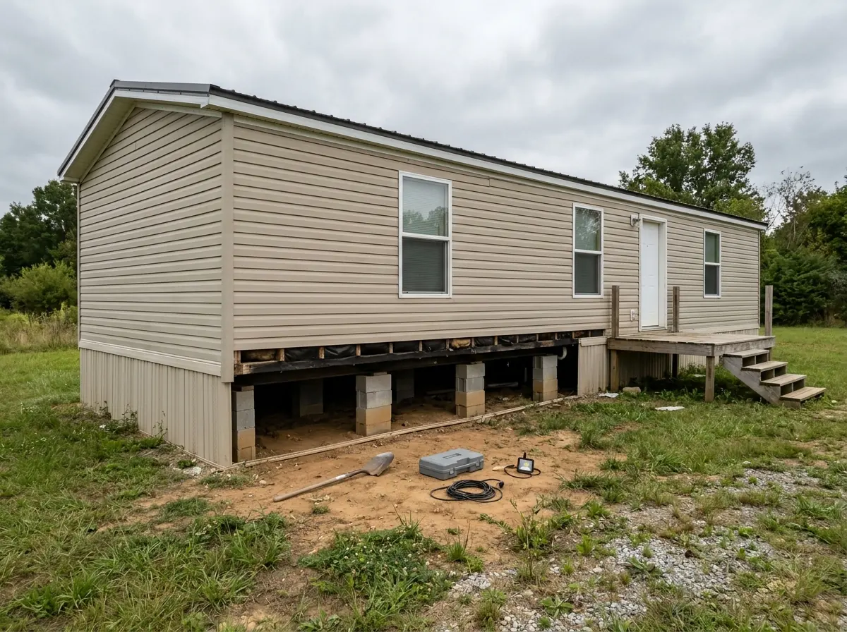 Vinyl skirting along a single-wide manufactured home with one access panel removed, showing block piers and a level clay crawl space beneath