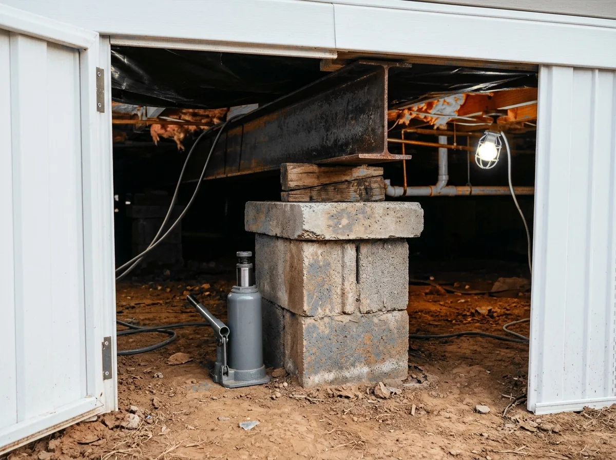 Underside of a manufactured home on a skirted block foundation, a steel I-beam resting on a capped concrete block pier with a pair of wood shims driven tight between cap and beam