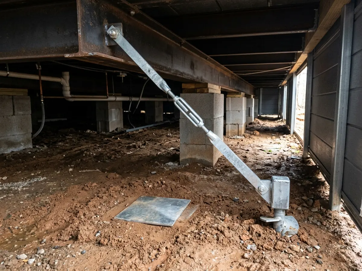 Galvanized steel strap running at an angle from a manufactured home's steel frame down to a ground anchor head screwed into clay soil, with a stabilizer plate beside it