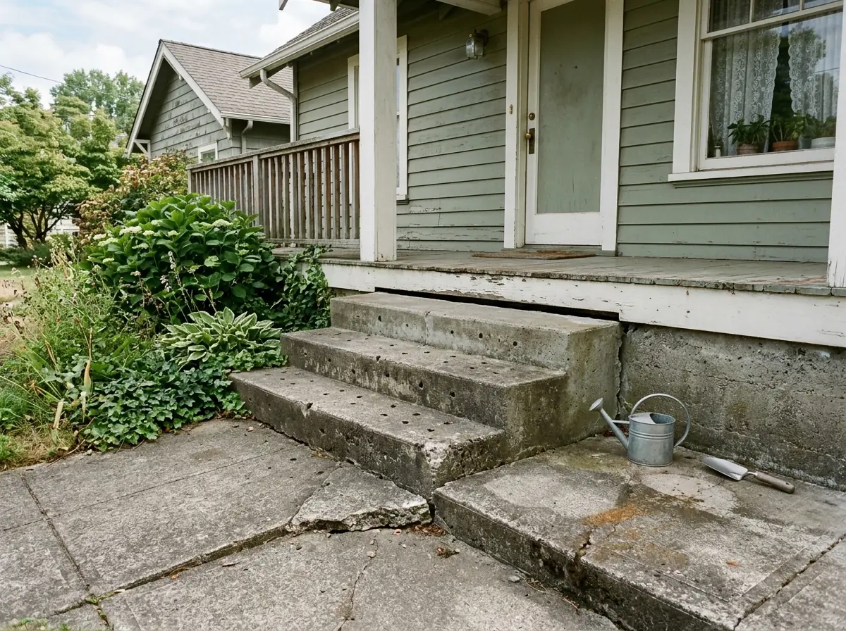 Concrete front steps that have settled and tipped away from a house porch, a gap at the top step, and the sidewalk panel below sunk with a raised edge