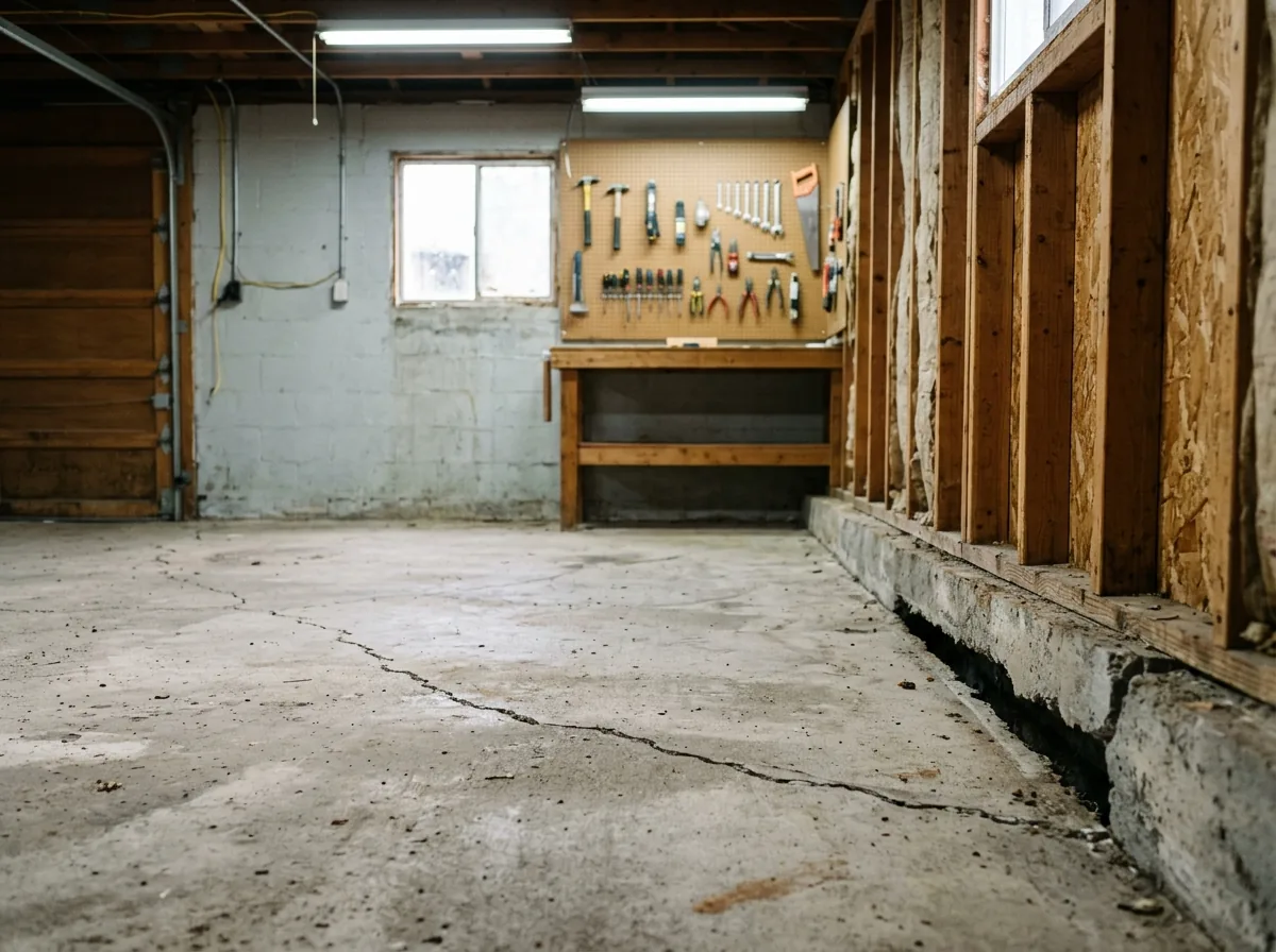 Attached garage with the concrete floor sunk along one side wall, a gap under the wall plate and a diagonal crack across the slab
