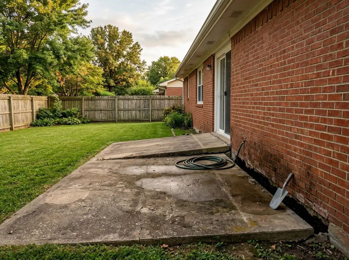 Backyard concrete patio slab that has sunk and tilted toward a brick house, leaving a gap along the wall where the slab used to meet it