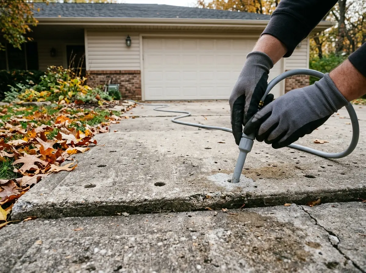 Concrete driveway with a sunken slab panel in front of a ranch house garage, small drilled holes in the panel and a gloved hand holding an injection nozzle