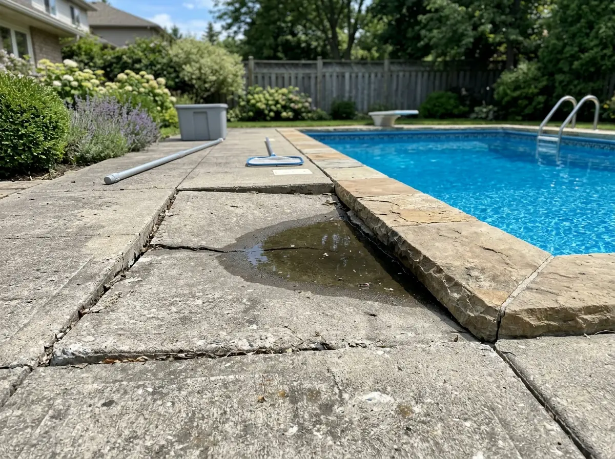 Concrete pool deck with one slab section sunk below the coping, a widened joint and a small pool of standing water on the low side