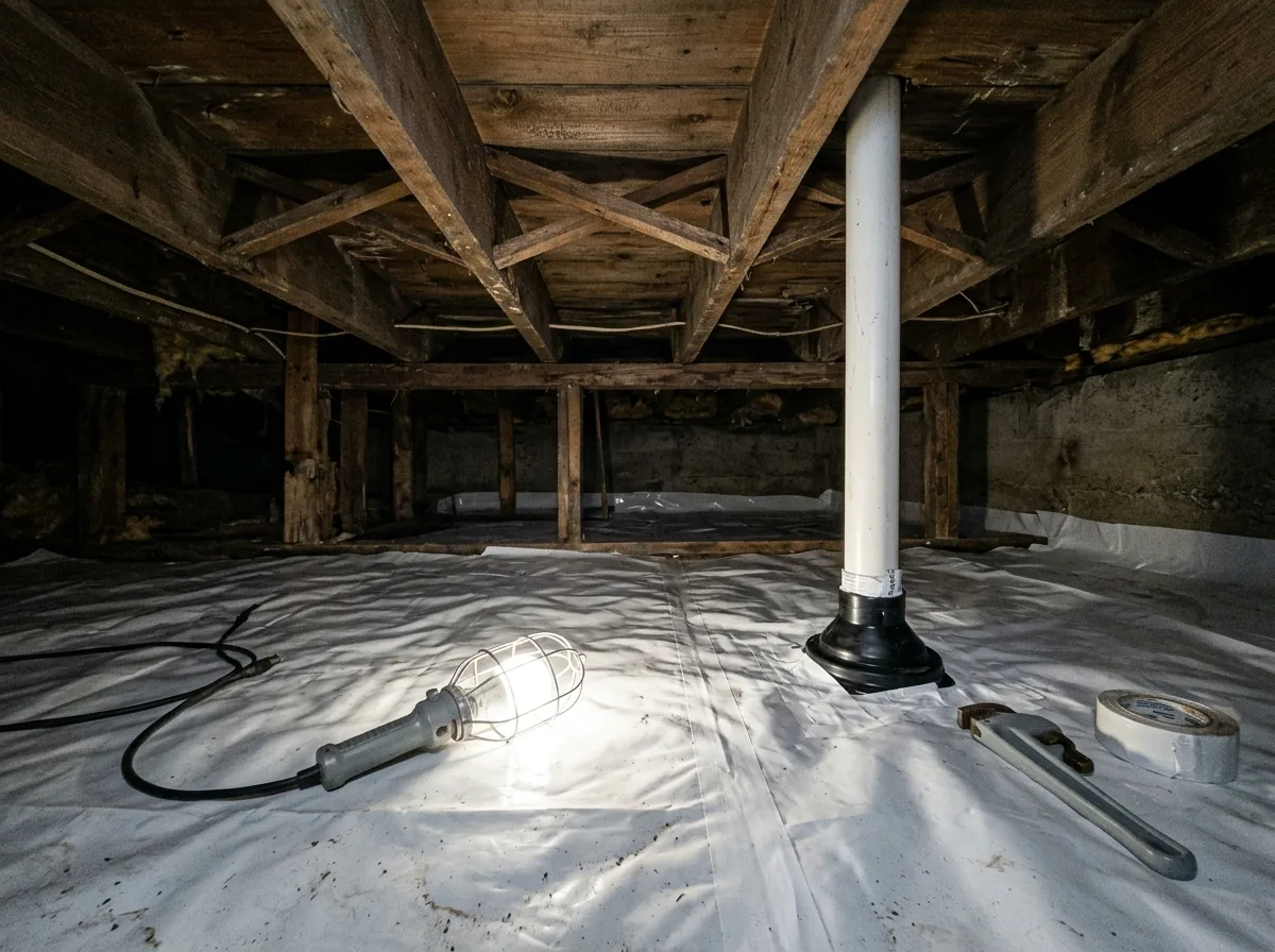 Crawl space covered with heavy sealed plastic sheeting, with a PVC pipe fitted through the plastic and running up to a fan on the floor joists