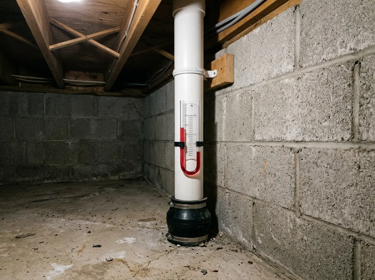 Radon fan mounted on a PVC pipe on the outside of a house, with a U-tube pressure gauge on the pipe inside the basement showing a difference in liquid levels