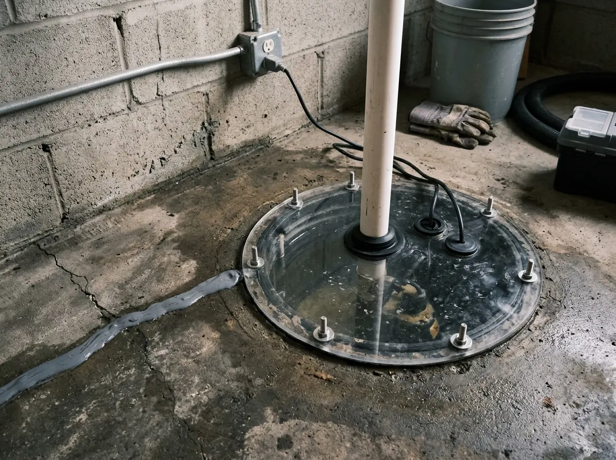 Basement sump basin with a clear bolted airtight lid and sealed pipe penetrations, next to a floor crack filled with gray sealant