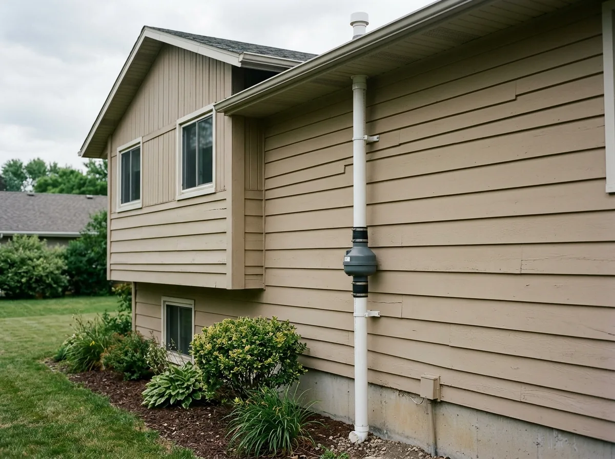 PVC radon vent pipe rising from a sealed hole in a basement floor, with an inline fan mounted on the pipe outside the house wall and the pipe running up past the roof edge
