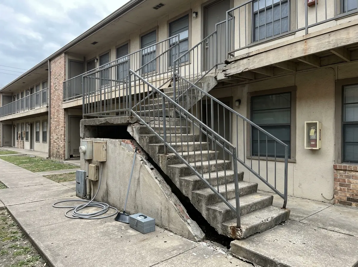 Apartment building breezeway with a concrete stair landing that has dropped and pulled away from the building, leaving a gap and a trip edge at the bottom step