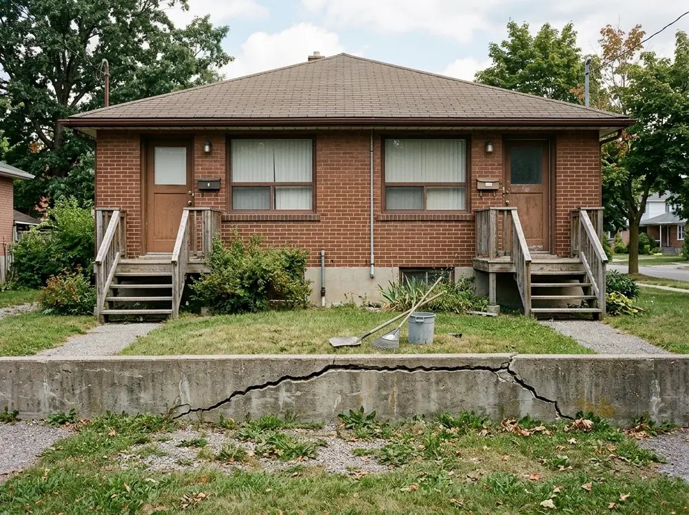 Side-by-side brick duplex with a long diagonal crack running across the shared foundation wall near the center party wall, two front doors visible