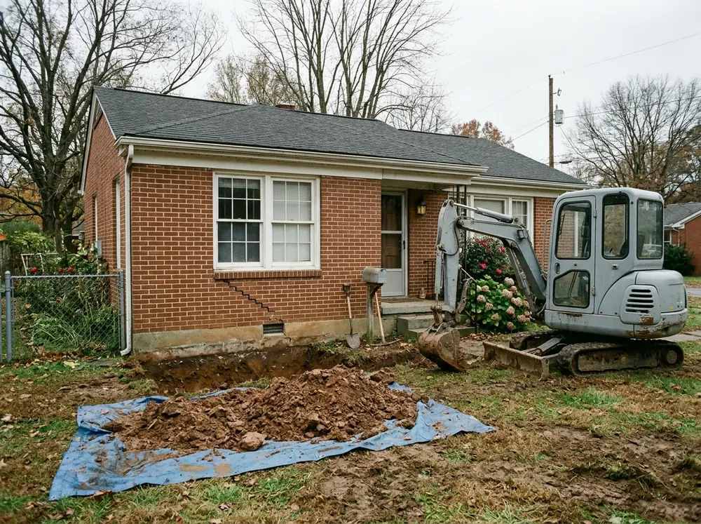 Small brick ranch rental house with a stair-step crack in the brick below a front window and a pier excavation pit dug along the foundation, a tenant's car in the driveway