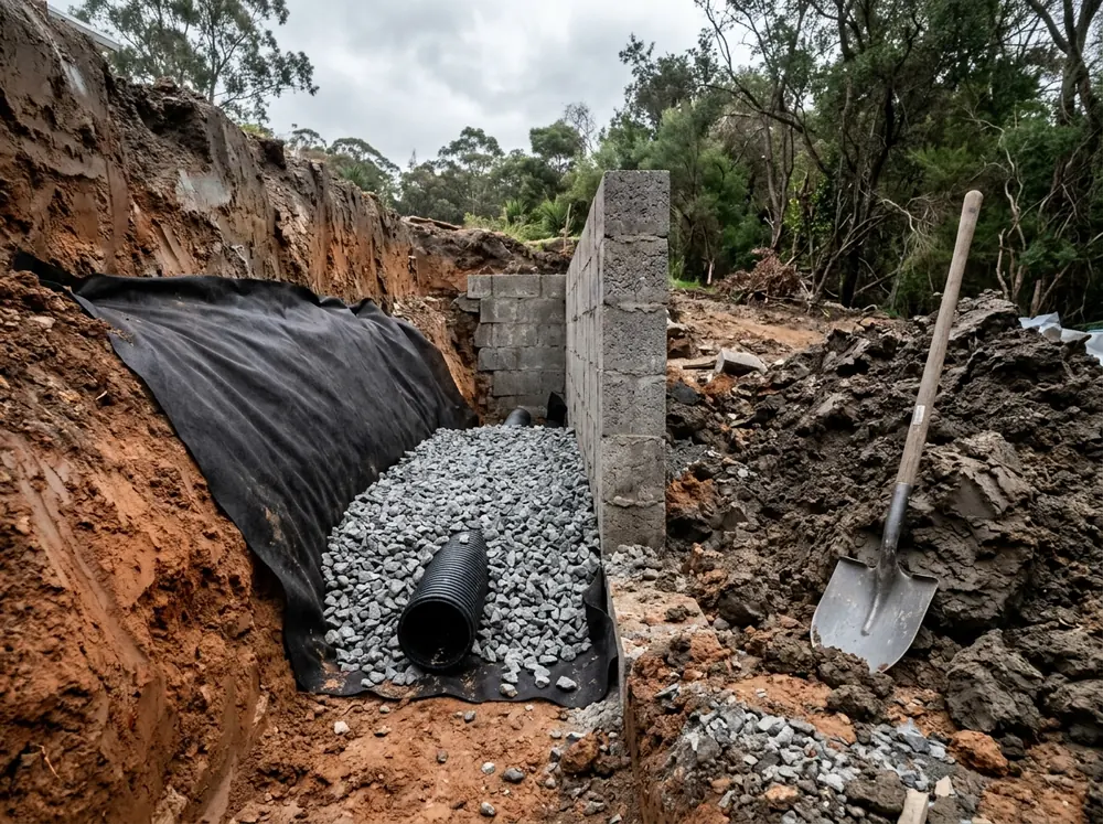 Retaining wall partly excavated from behind, showing a perforated drain pipe laid at the base in clean gravel with filter fabric against the clay soil