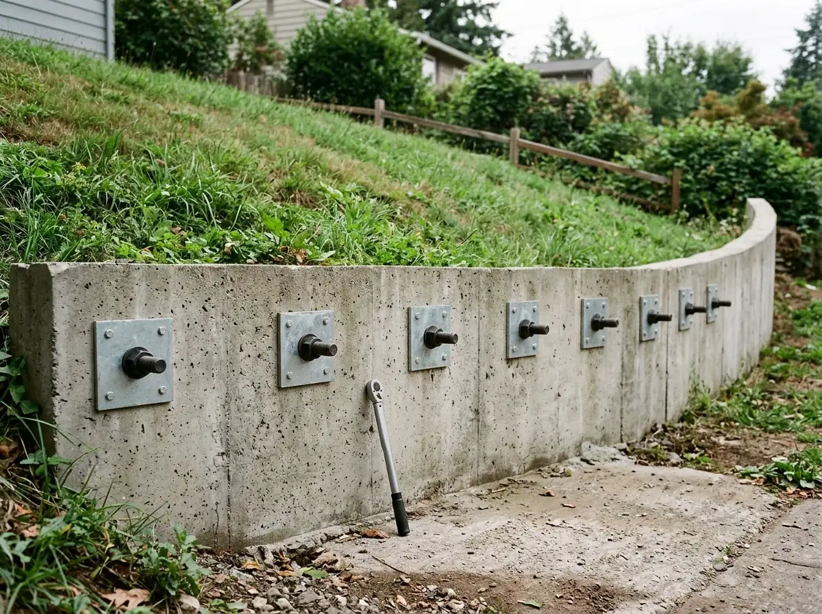 Poured concrete retaining wall with a row of steel anchor plates and rod ends bolted to its face, the grass slope above it undisturbed