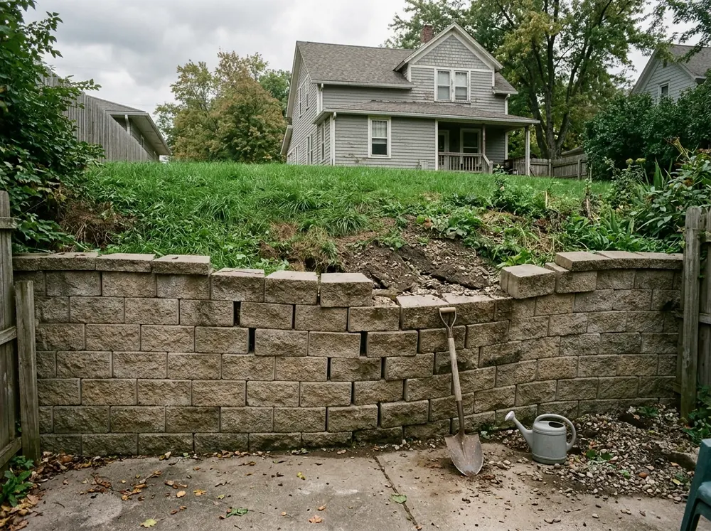 Backyard segmental concrete block retaining wall leaning outward at the middle, the top courses out of line and a few caps missing, clay soil and grass above