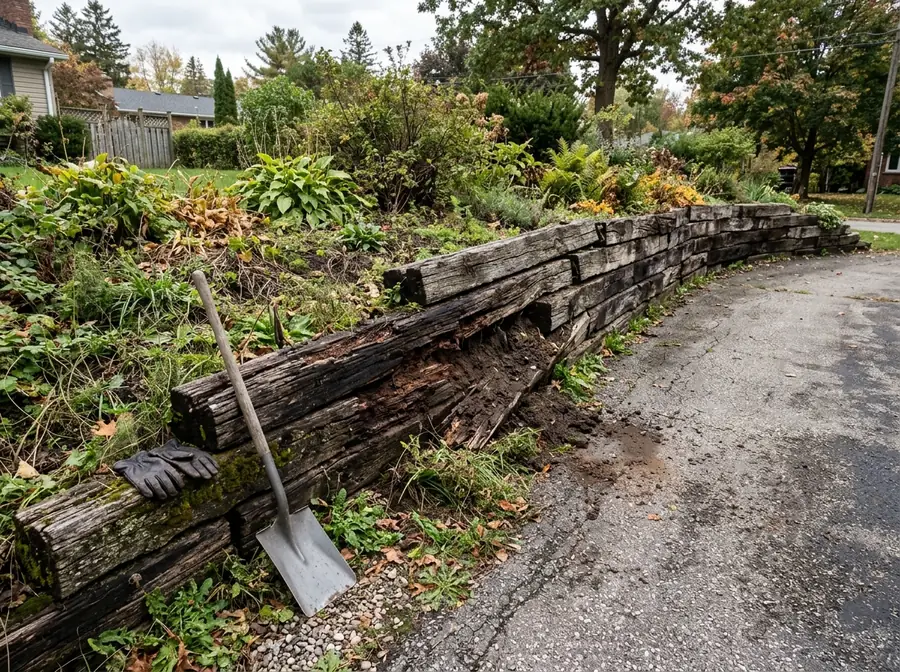 Old railroad-tie retaining wall along a driveway with rotted, split ties bowing outward and soil spilling through the gaps