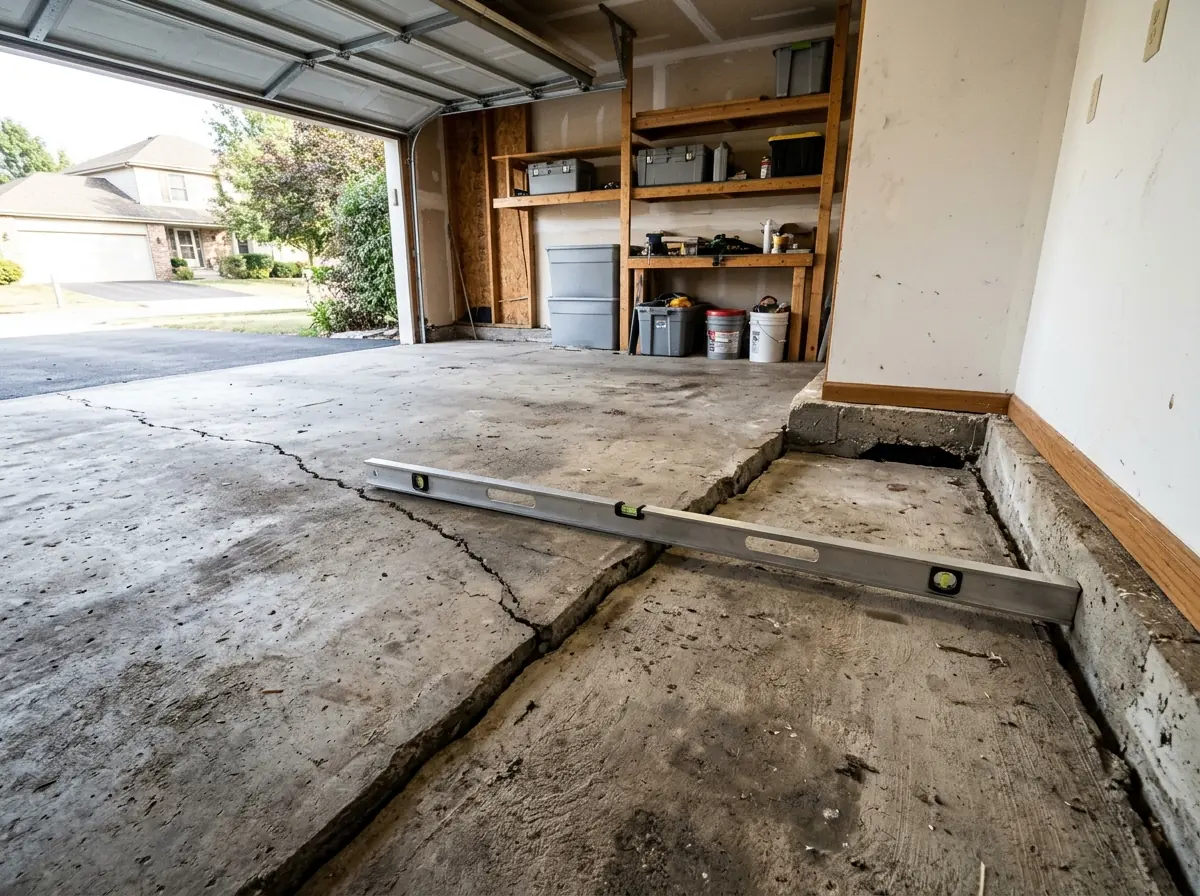 Attached garage floor where one side of the concrete slab has dropped below the other, with a level across the crack and a gap under the drywall