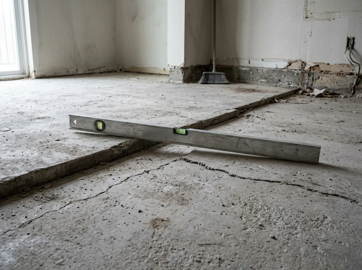 Bare concrete slab floor with a long crack where one side has risen slightly higher than the other, a short level lying across the crack