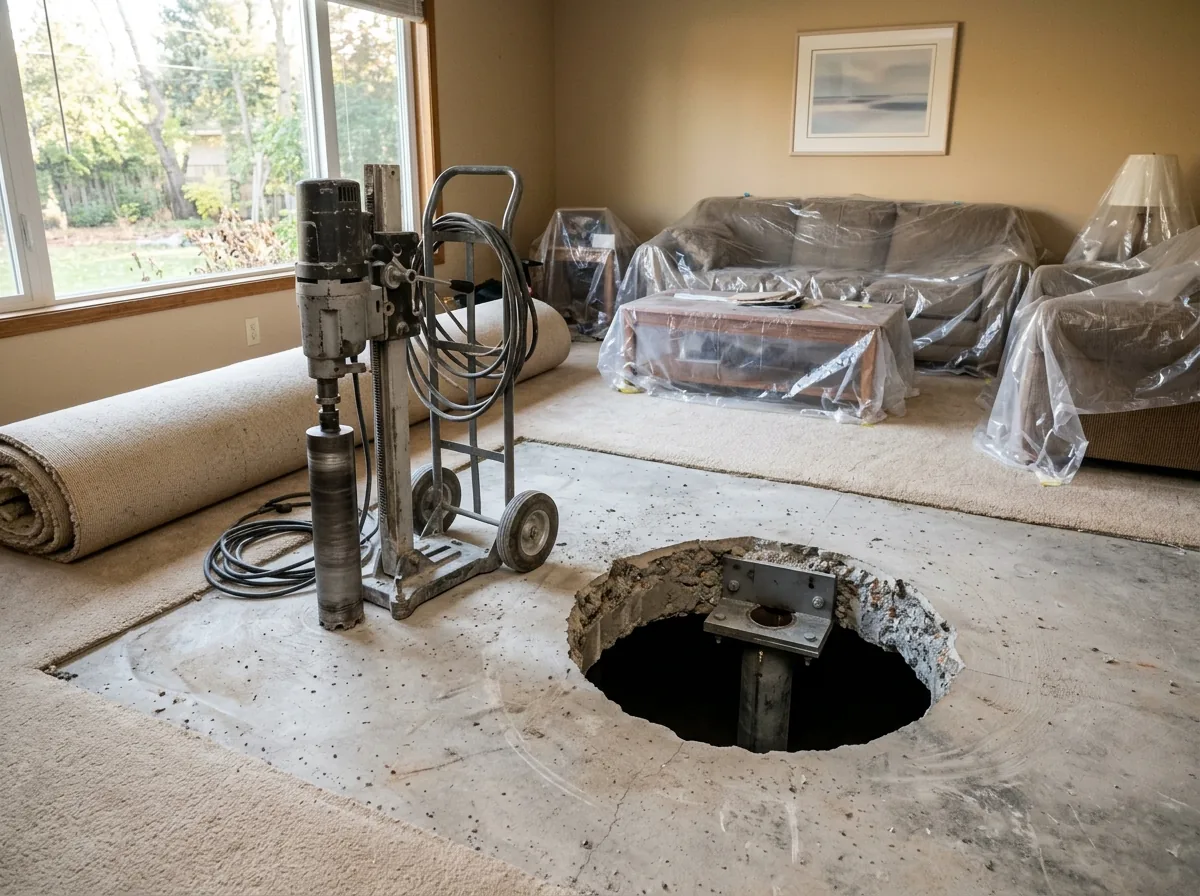 Living room floor with carpet rolled back and an 8-inch round hole cored through the concrete slab, a steel pier bracket visible below the slab edge