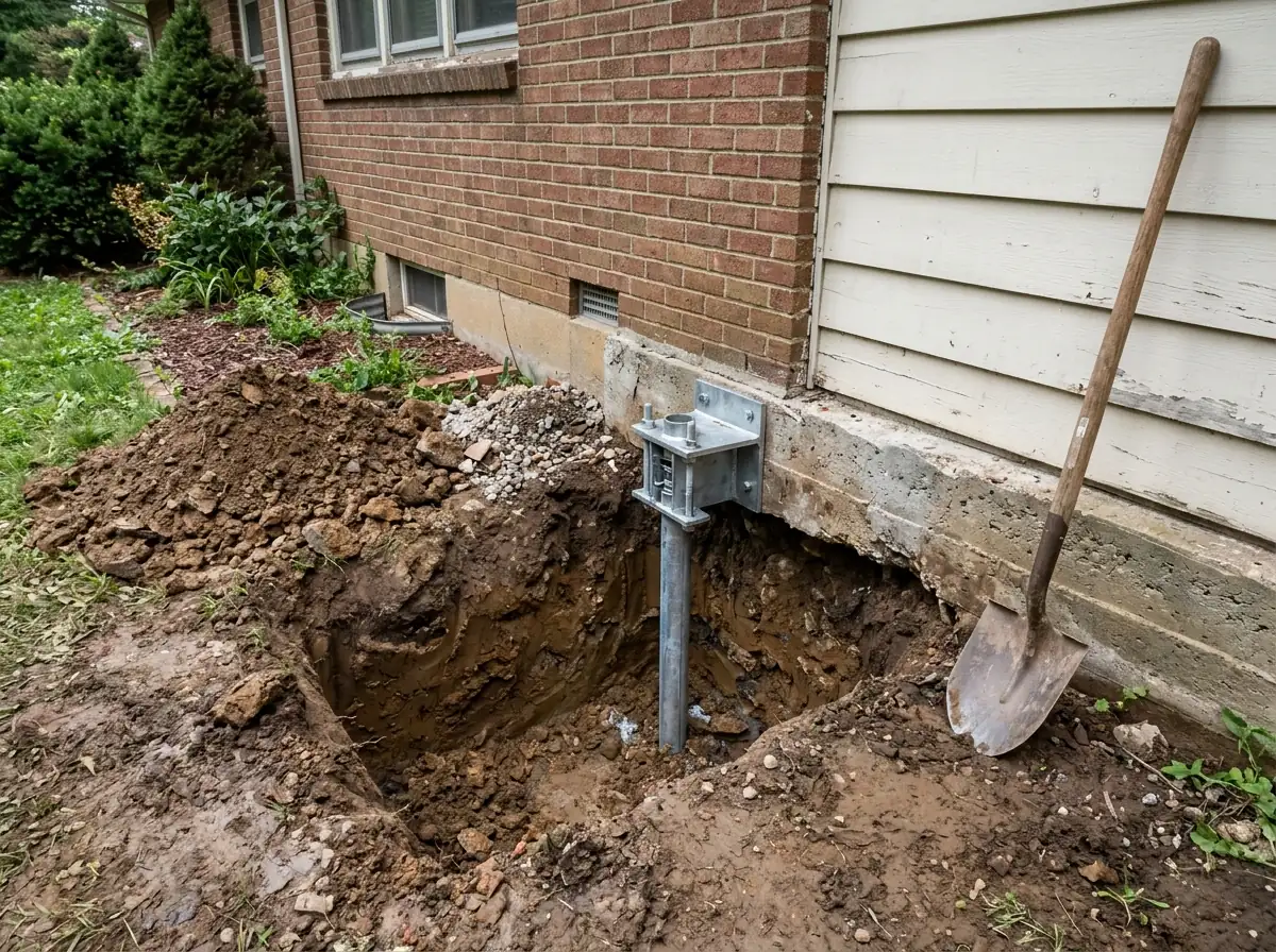 Excavated pit along the thickened concrete edge of a slab-on-grade ranch house, with a galvanized pier pipe and bracket tucked under the thickened edge