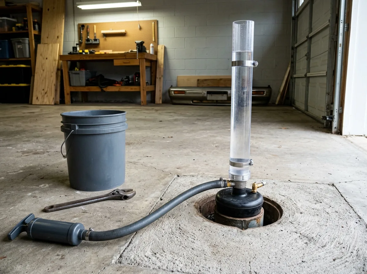 Sewer cleanout in a garage floor with a test plug and hose fitted and a clear standpipe of water above it