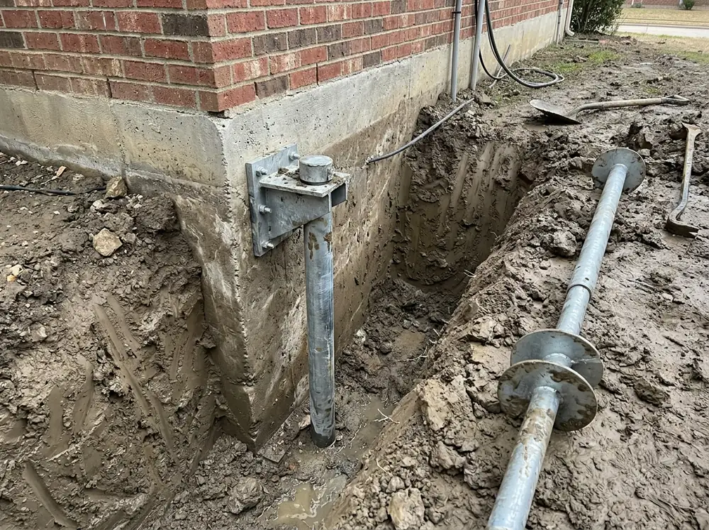 Excavation beside a concrete footing with a galvanized steel push pier and bracket installed, and a helical pier shaft with round steel plates lying on the clay spoil pile