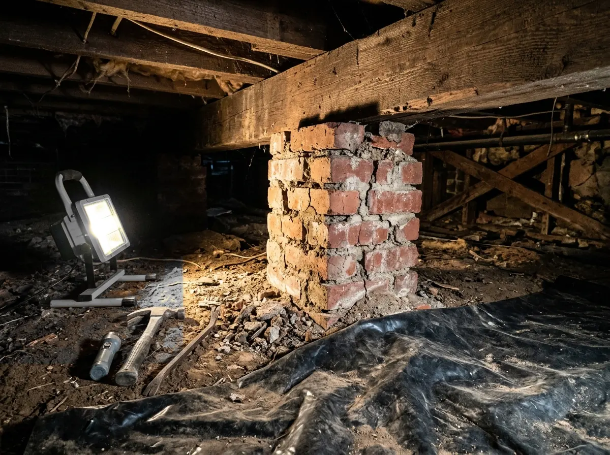 Crawl space under an old house with a short brick support pier showing crumbling mortar joints and a few cracked bricks under a wooden beam