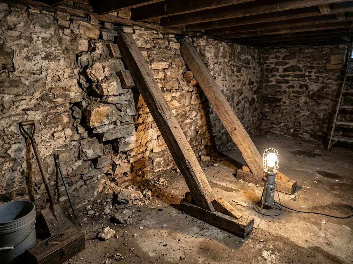 Section of an old rubble stone basement wall bulging inward, with several stones loosened and temporary timber bracing set against it