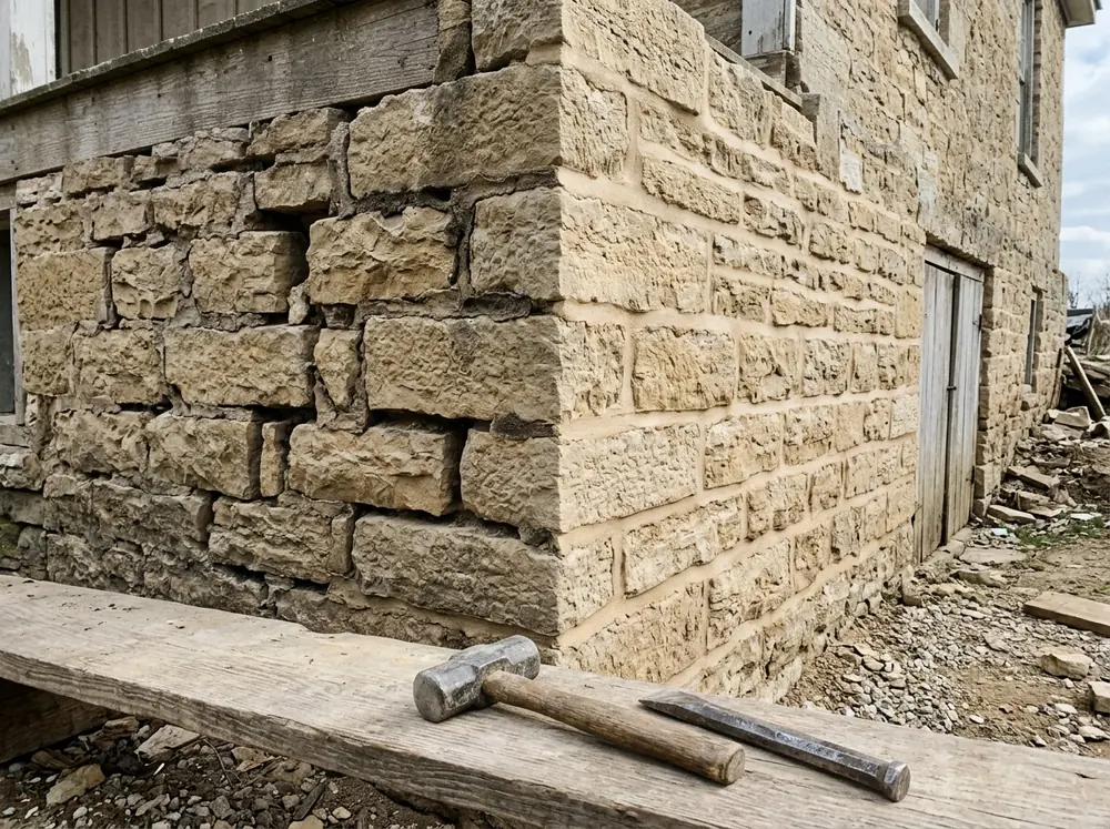 Stone foundation wall of rough limestone blocks with half the joints raked out deep and the other half freshly filled with light tan lime mortar