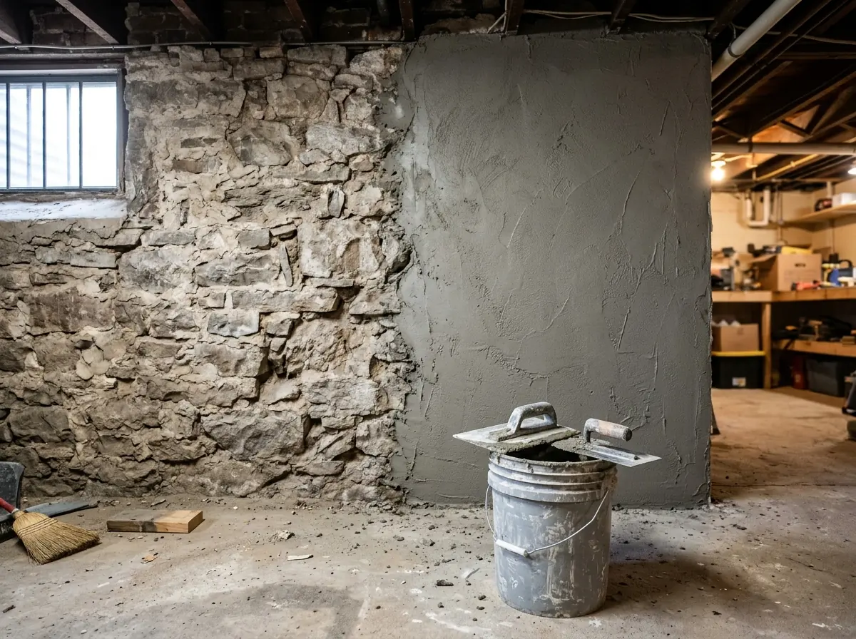 Inside a basement, an old stone foundation wall half covered in a smooth fresh gray parge coat, with the bare stone and mortar still showing on the uncoated half