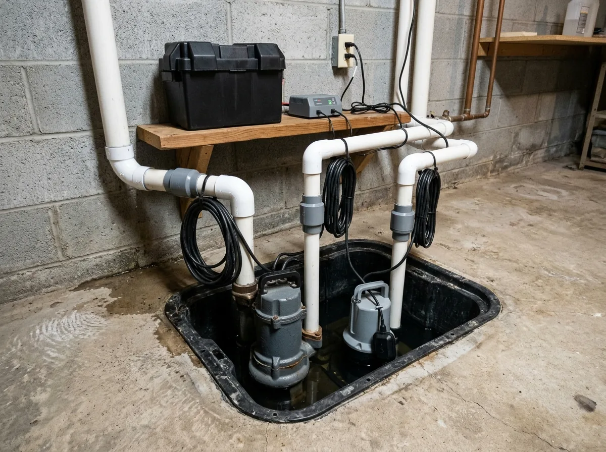 Second small pump mounted beside the main pump in a sump basin, wired to a sealed battery in a plastic case on a shelf above the pit