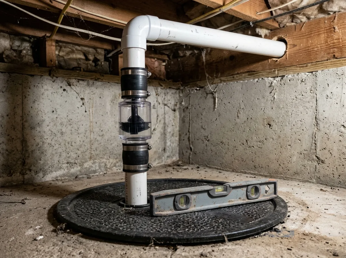 Sump pump discharge pipe with a clear check valve and rubber couplings above the basin, leading to a pipe that exits through the basement rim joist